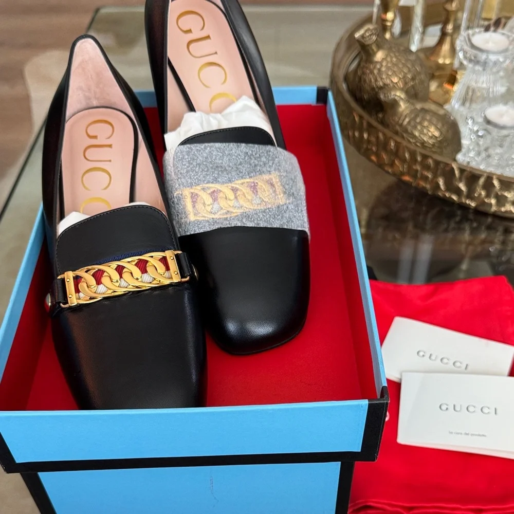 GUCCI Women's Black block heels with Gold Accent EUR 41 US 10